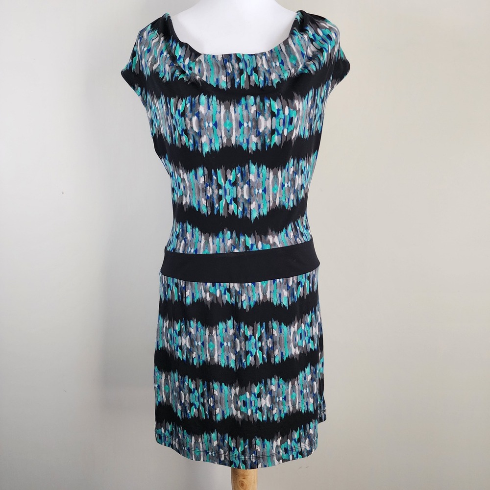 BCBG Ikat Print Sheath Dress Womens Small Black Blue Stretch Corporate Office